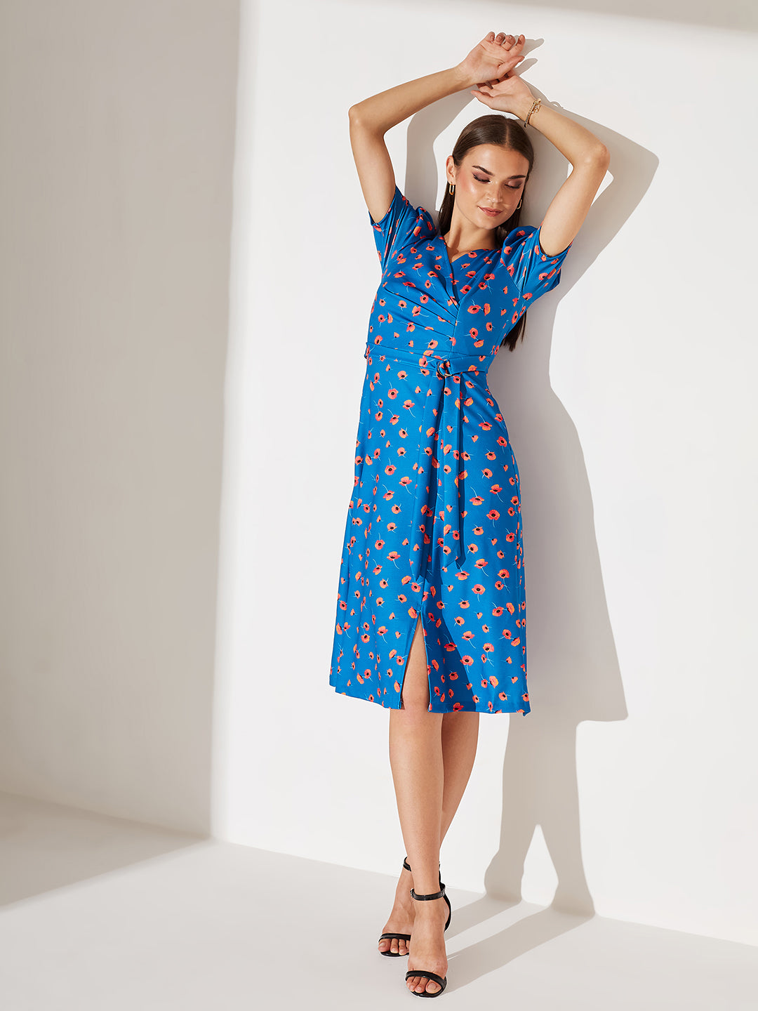 Blue V-Neck Pleated Puff Sleeve Floral Patterned Wrap Midi Polyester Dress for Women