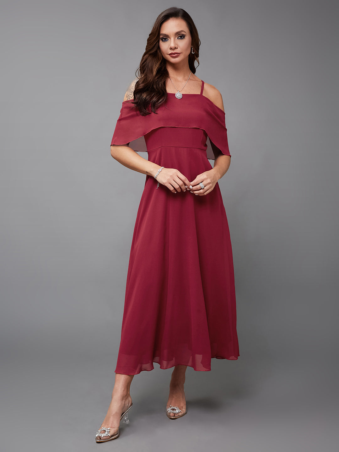 Women's Maroon Off-Shoulder Sleeveless Solid Skater Midi Dress