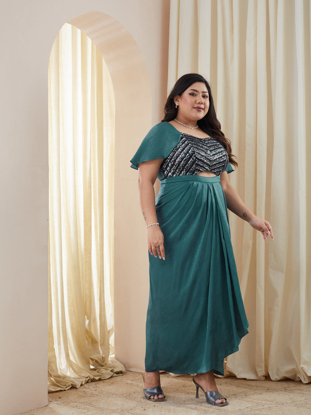 Teal Sweetheart Cape Embellished Draped Satin Maxi Dress for Women