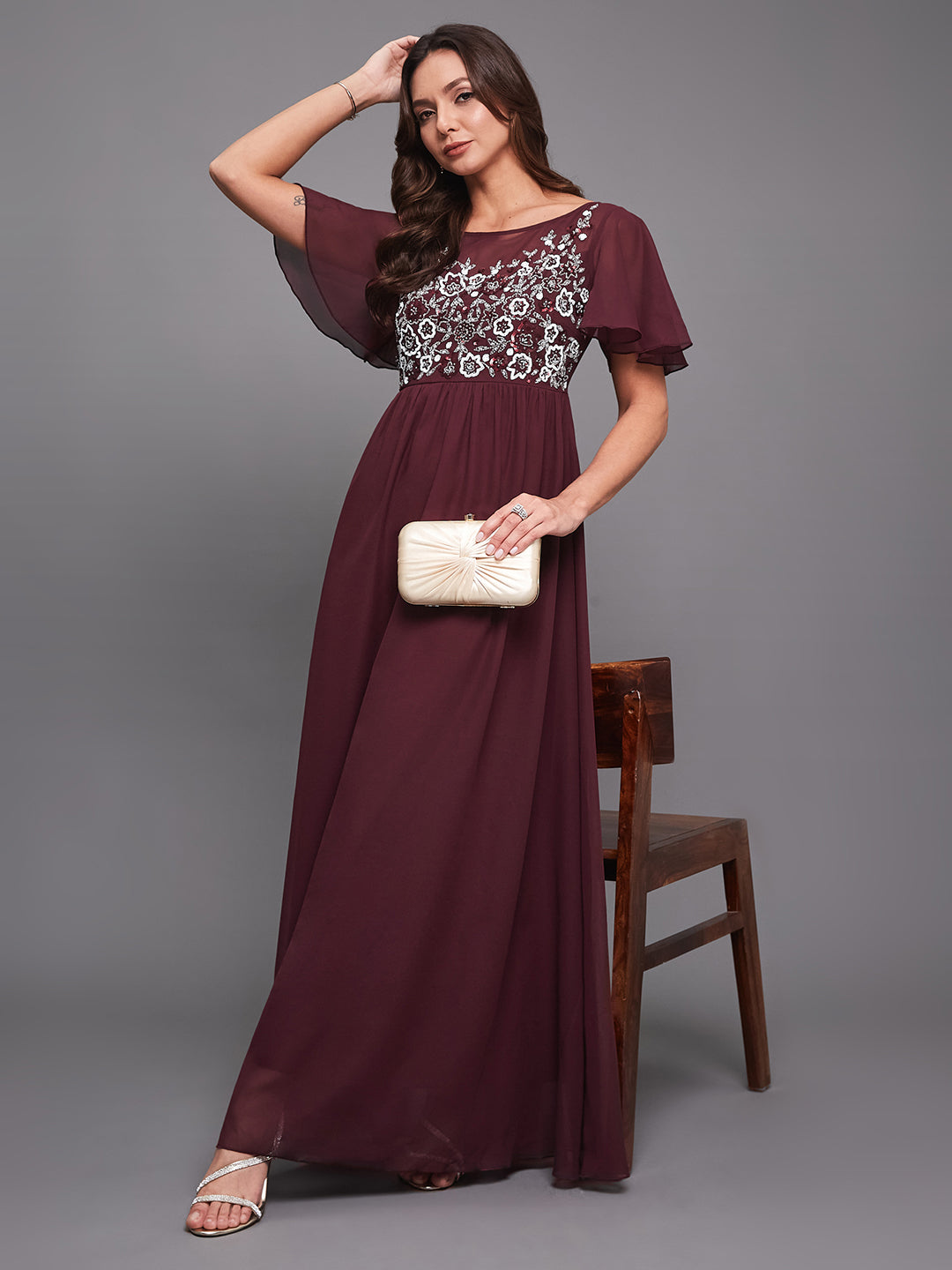 Women's Wine Boat Neck Half Sleeve Solid Embellished Georgette Maxi Dress