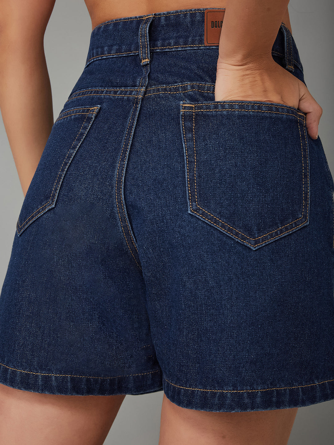 Women's Dark Blue Flared High-Rise Clean-Look Regular-Length Denim Shorts