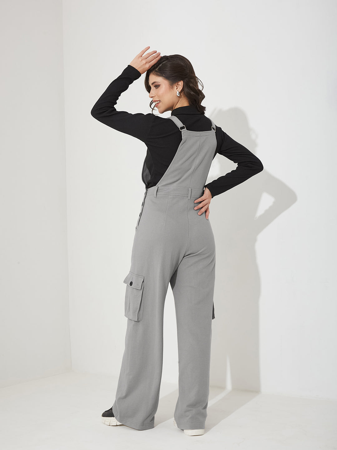 Women's Grey Square Neck Sleeveless Solid Wide Leg Full Length Cotton Dungaree