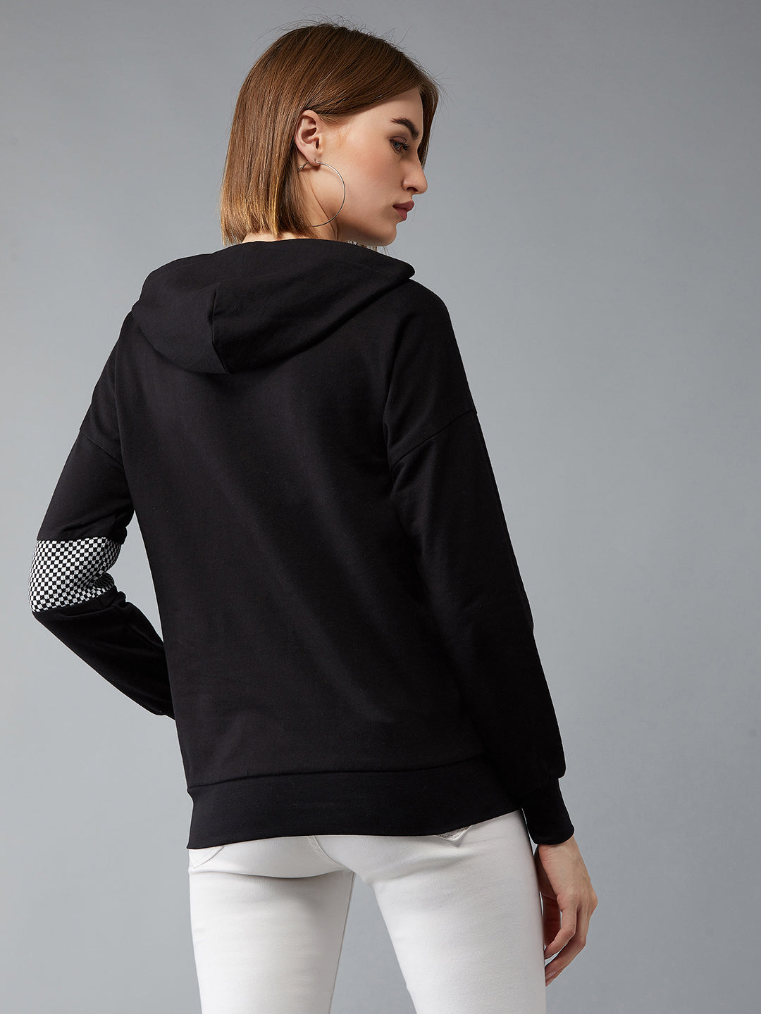 Women's Black Round Neck Full Sleeves Ribbed Solid Drop Shoulder Boxy Regular Length Hooded Sweatshirt