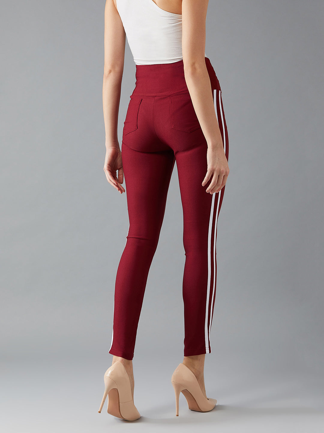 Women's Maroon Knitted Solid White Twill Tape Detailing Skinny High Waist Regular Length Treggings