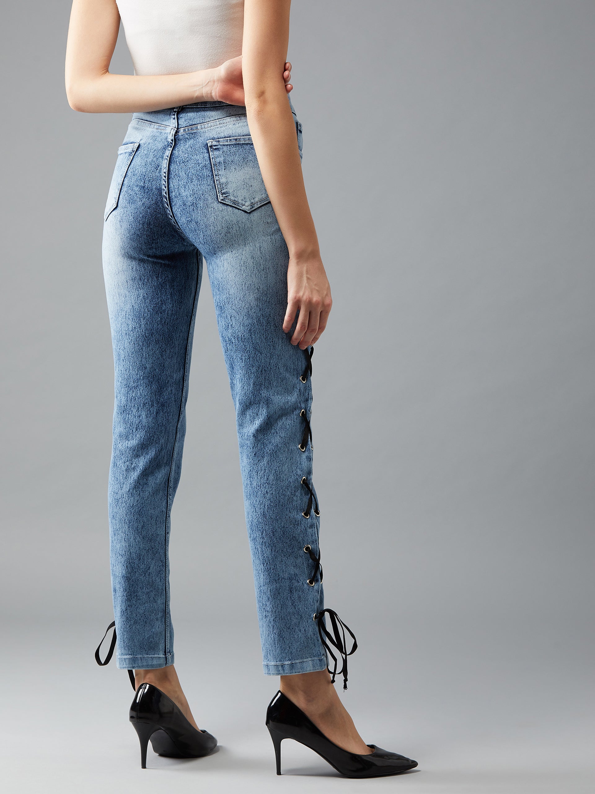 Women's Light Blue Slim Fit High Rise Clean Look Twill tape and Eyelet detailing Regular length Stretchable Denim Jeans