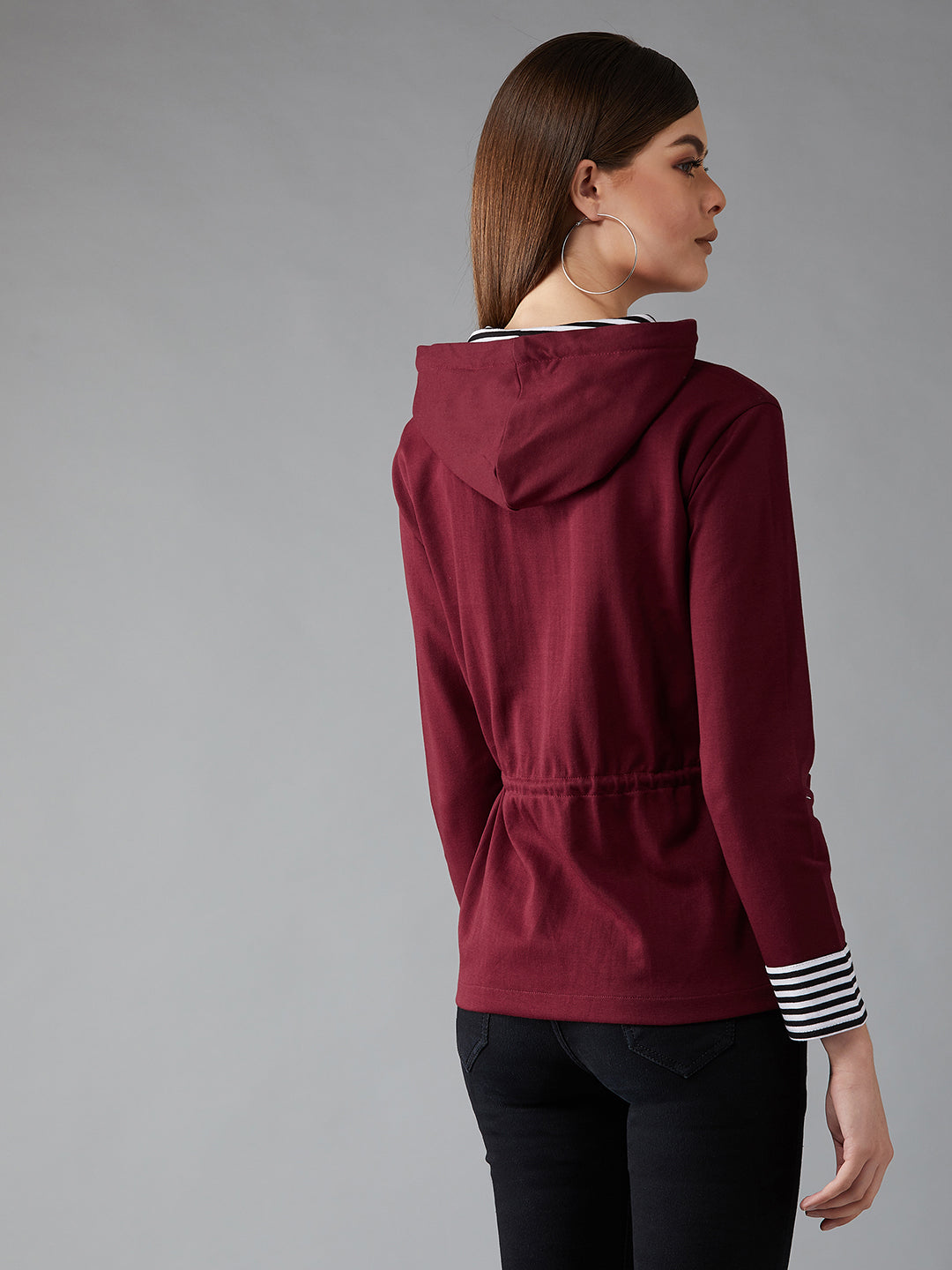 Women's Multicolor-Base Maroon Hooded Full Sleeves Solid Waist Tie-Up Regular Length Jacket