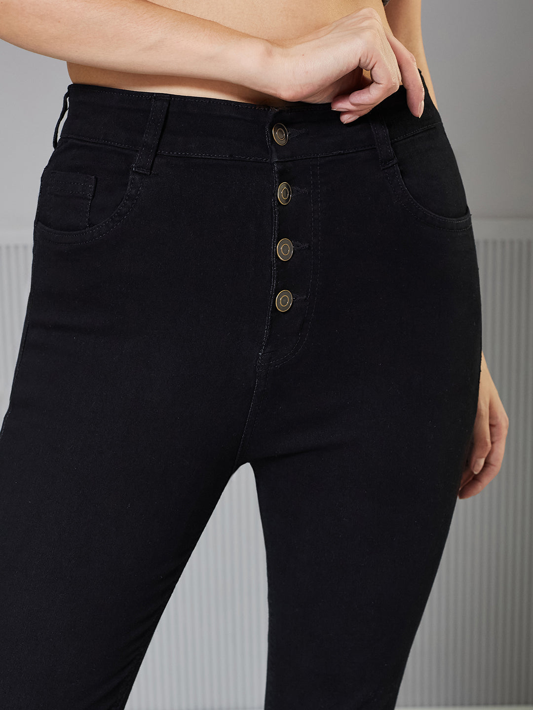 Black Skinny-Fit High-Rise Cropped Fringed Hemline Solid Stretchable Denim Jeans for Women — Miss Chase