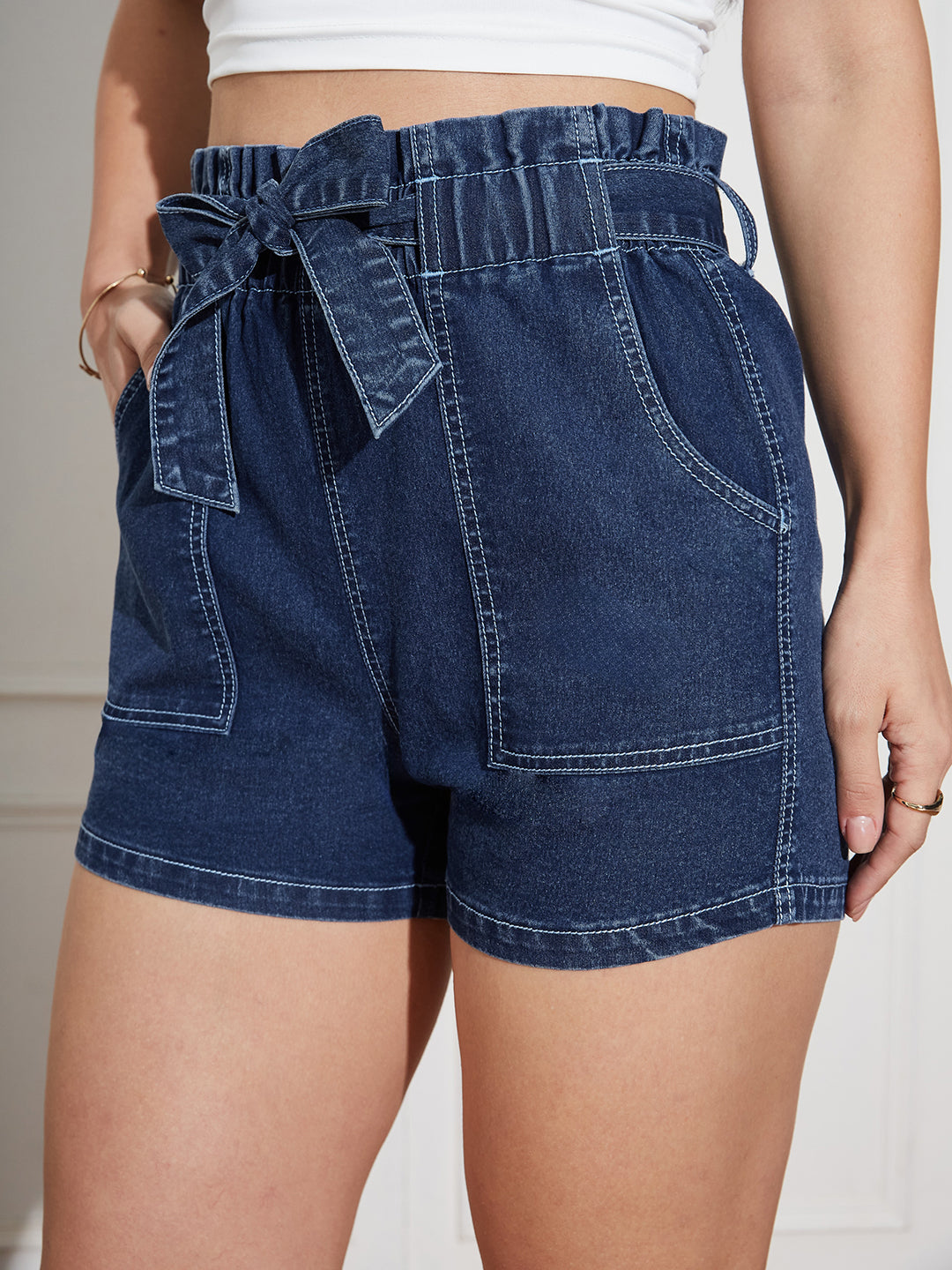 Women's Blue High-Rise Paperbag Denim Shorts with Tie-Up Belt & Carpenter Pockets