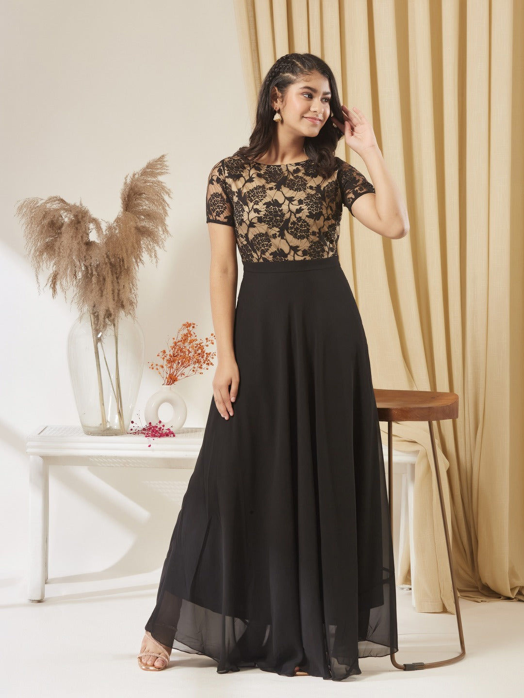 Black Round Neck Half Sleeve Self Design Fit & Flare Georgette Maxi Dress for Girls/Teenagers