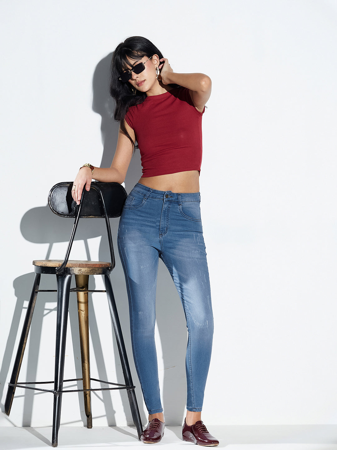24/7 Comfort Blue Skinny High-Rise Mild Distress Regular Stretchable Denim Jeans For Women