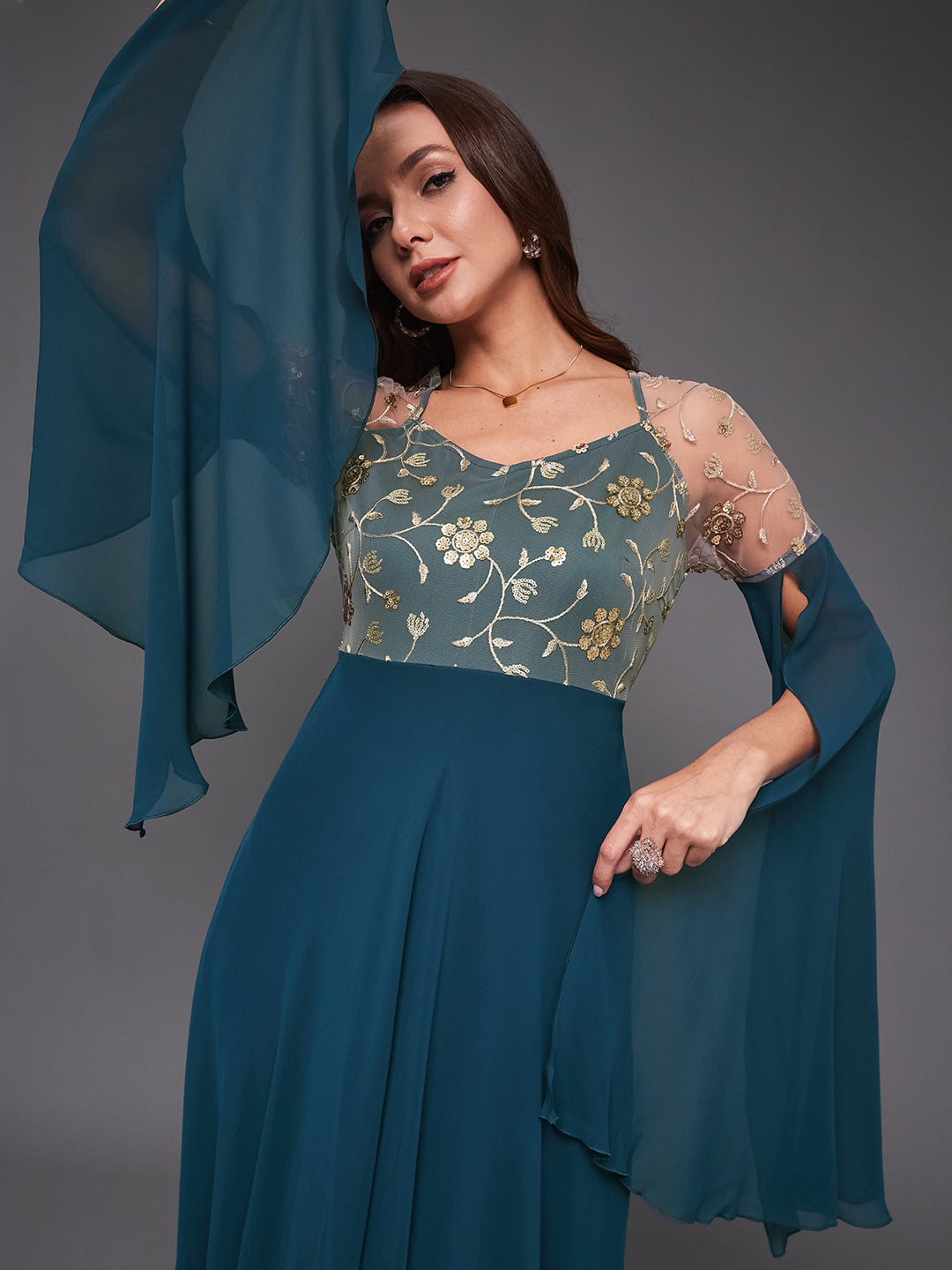 Women's Teal V-Neck Full Sleeve Embroidered Fit & Flare Georgette Maxi Dress