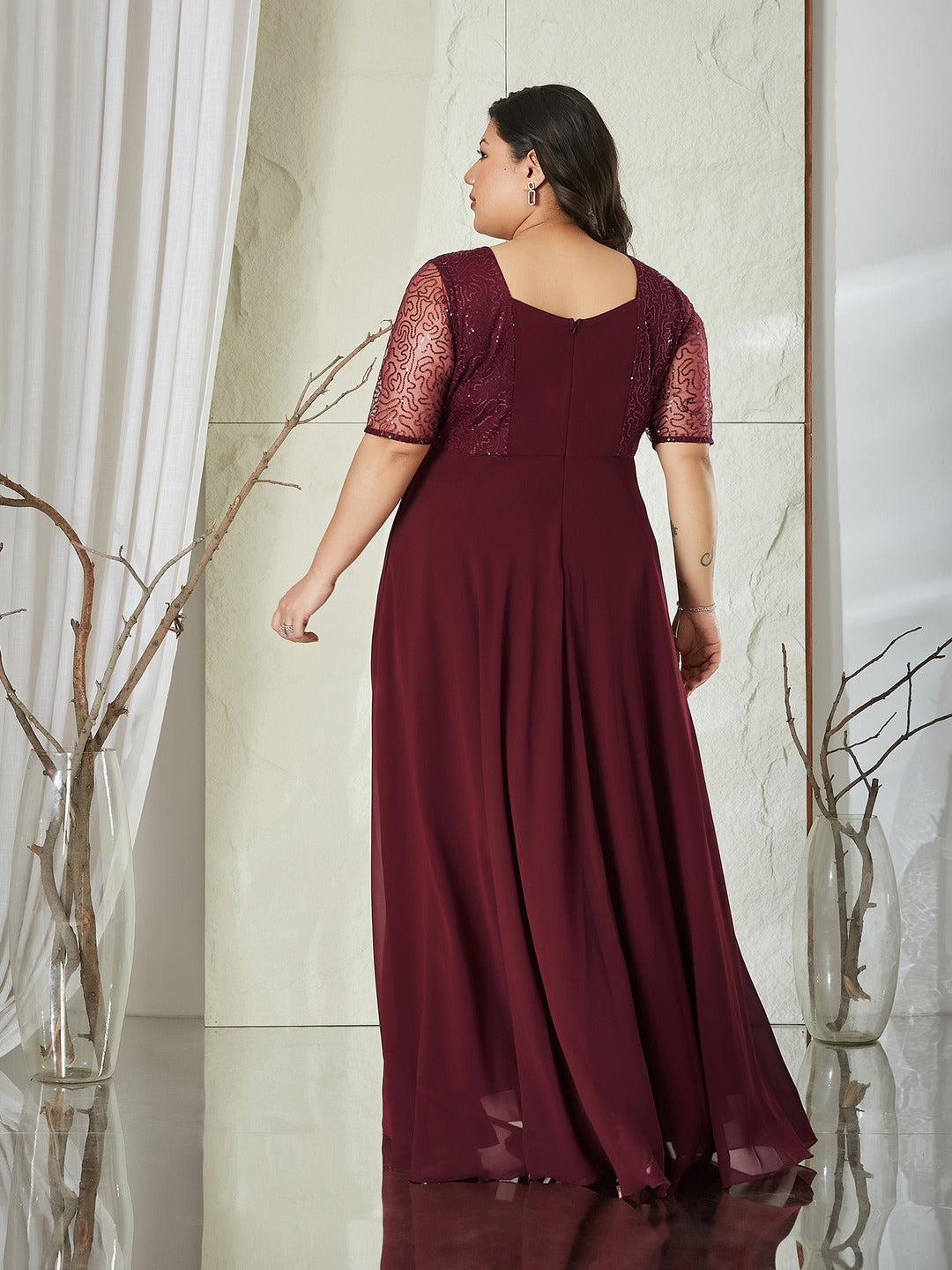 Wine Square Neck Half Sleeve Solid Embellished Maxi Dress for Women