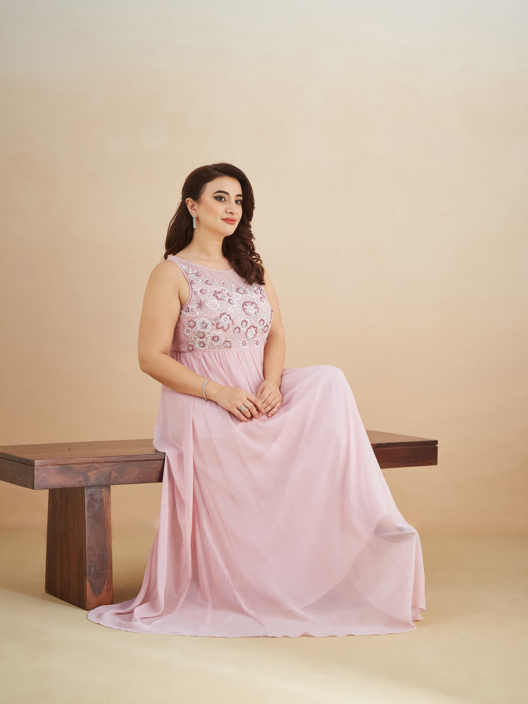 Dusty Pink Boat Neck Sleeveless Embellished Gathered Regular Dress for Women