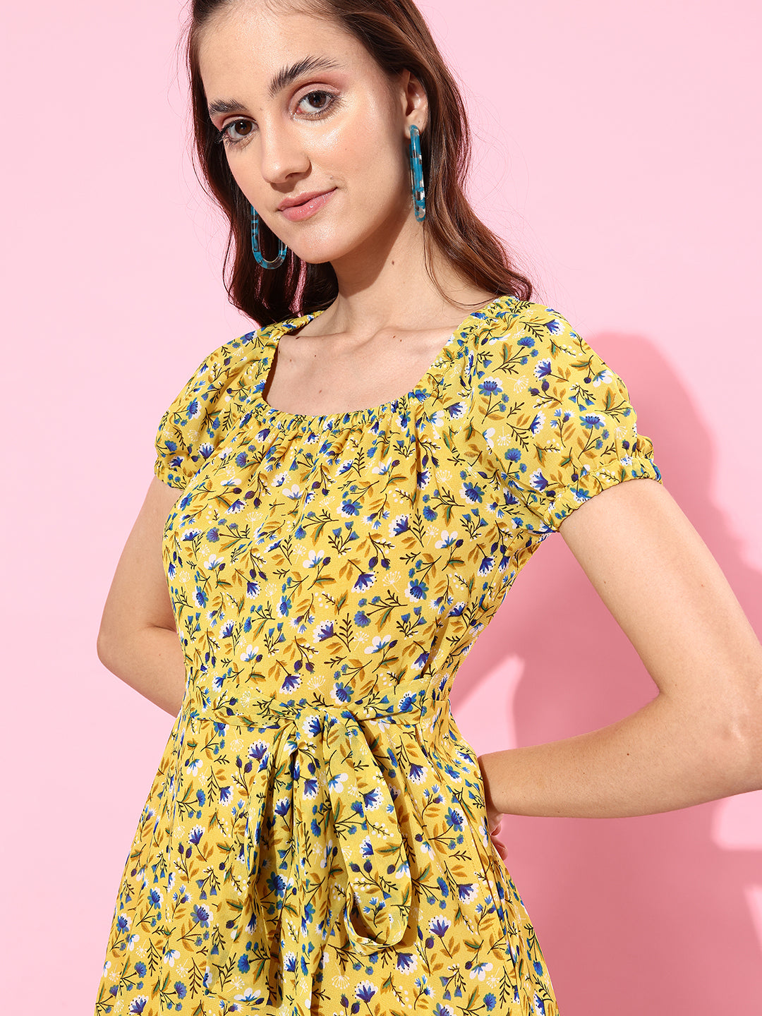 Women's Multicolored Base-Yellow Square Neck Short Puff Sleeve Floral Tiered Georgette Midi Dress