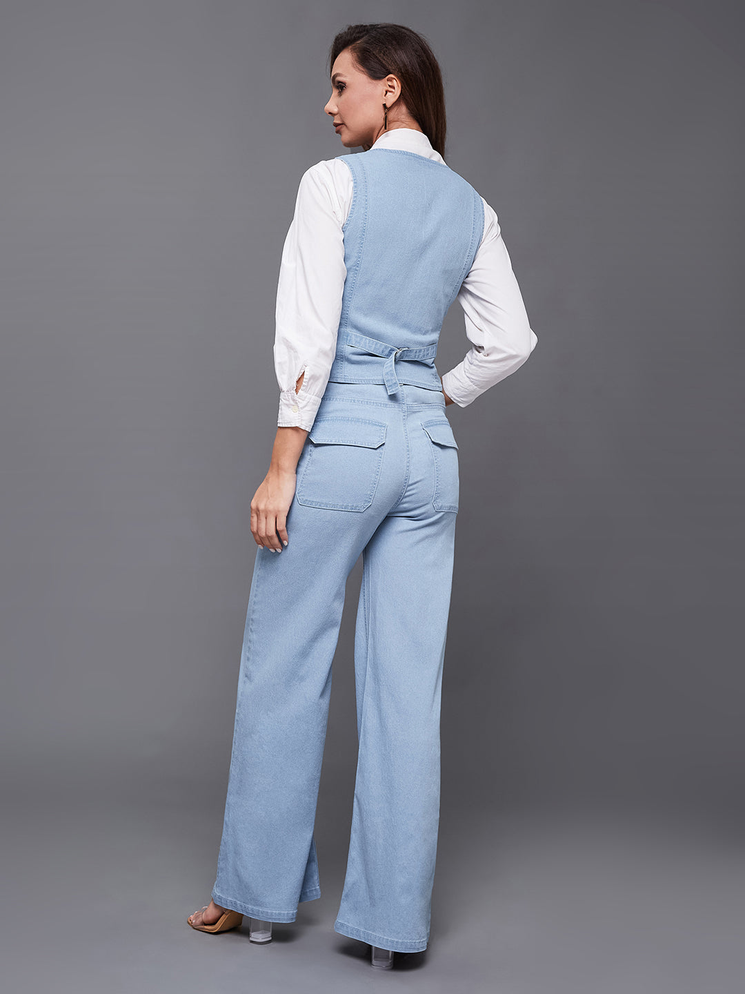 Women's Light Blue Wide-Leg High Rise Clean Look Regular-Length Stretchable Light-weight Denim Co-Ord Set