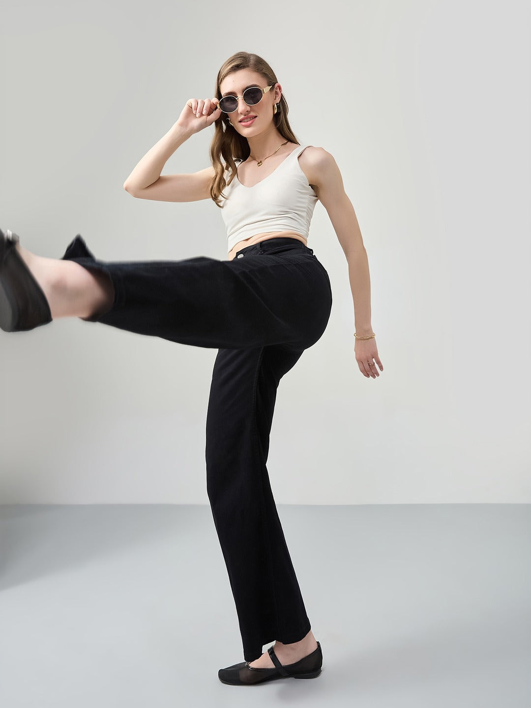 Black Wide Leg high-rise Stretchable Denim Jeans for Women