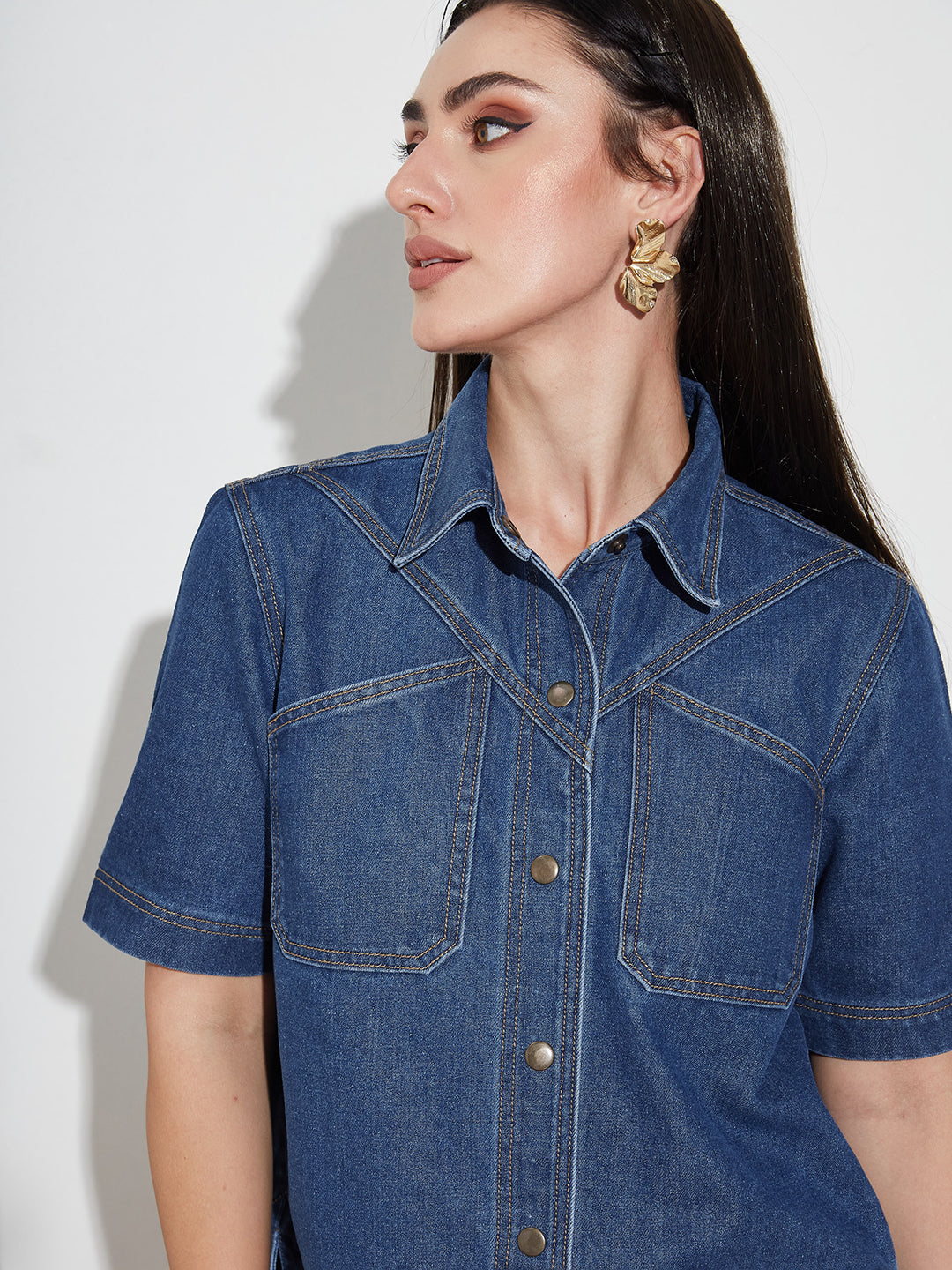 Women's Navy Blue Boxy Denim Shirt – Half Sleeves, Collared, Relaxed Fit