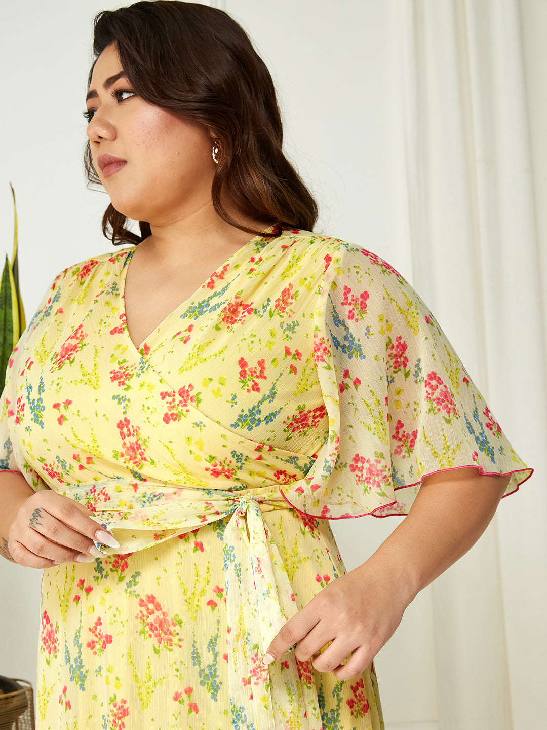 Women's Multicolored-Base-Yellow V Neck Flared Sleeve Floral Wrap Maxi Dress