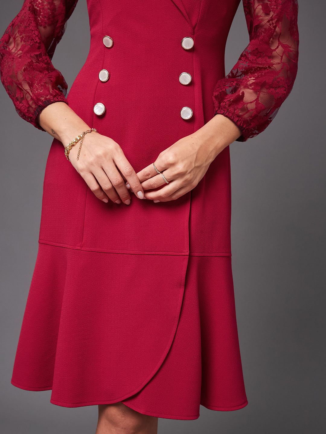 Women's Dark Pink V-neck Full Sleeves Solid Blazer Knee Length Dress