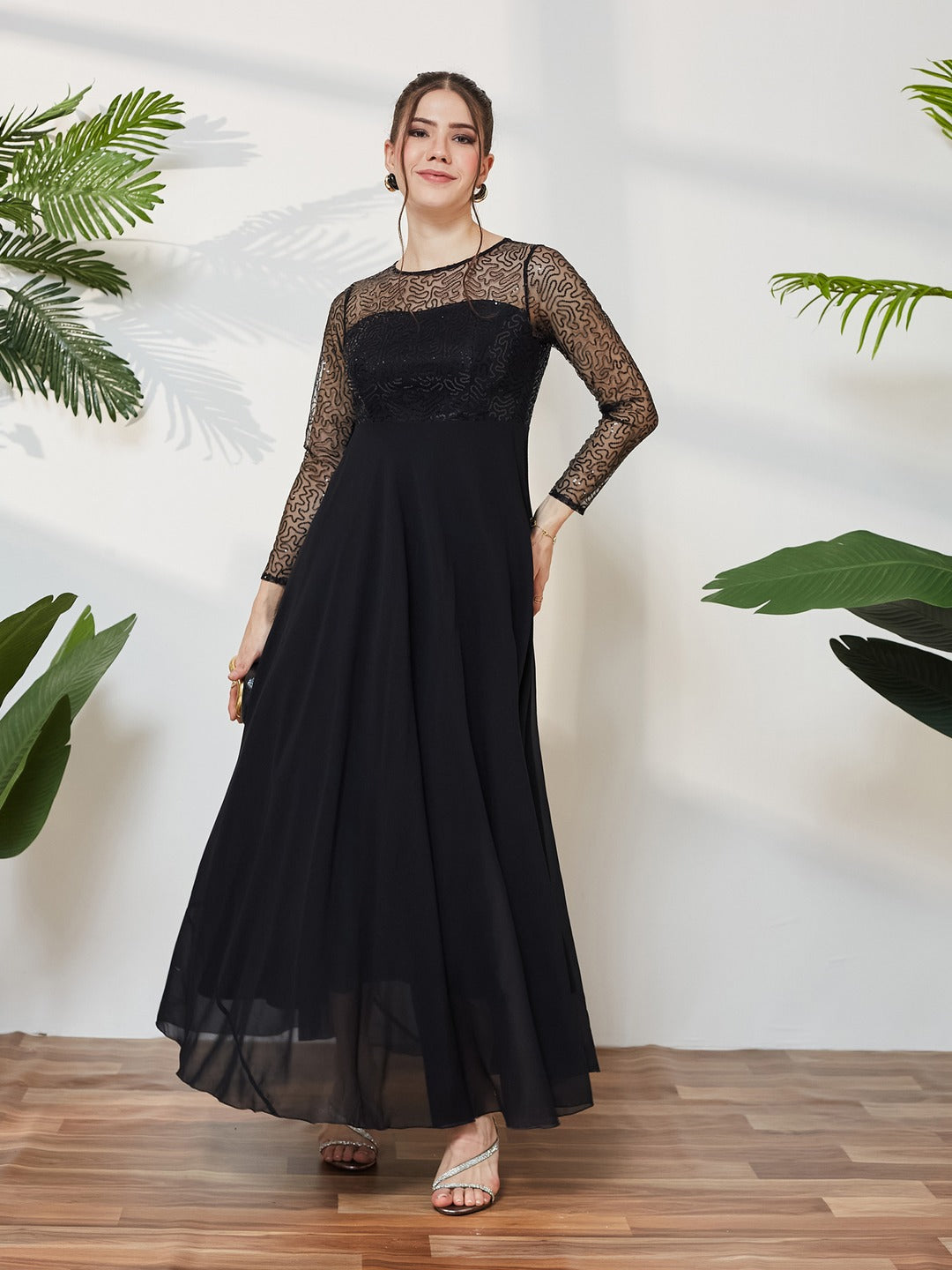 Black Solid Embellished Maxi Dress for Women