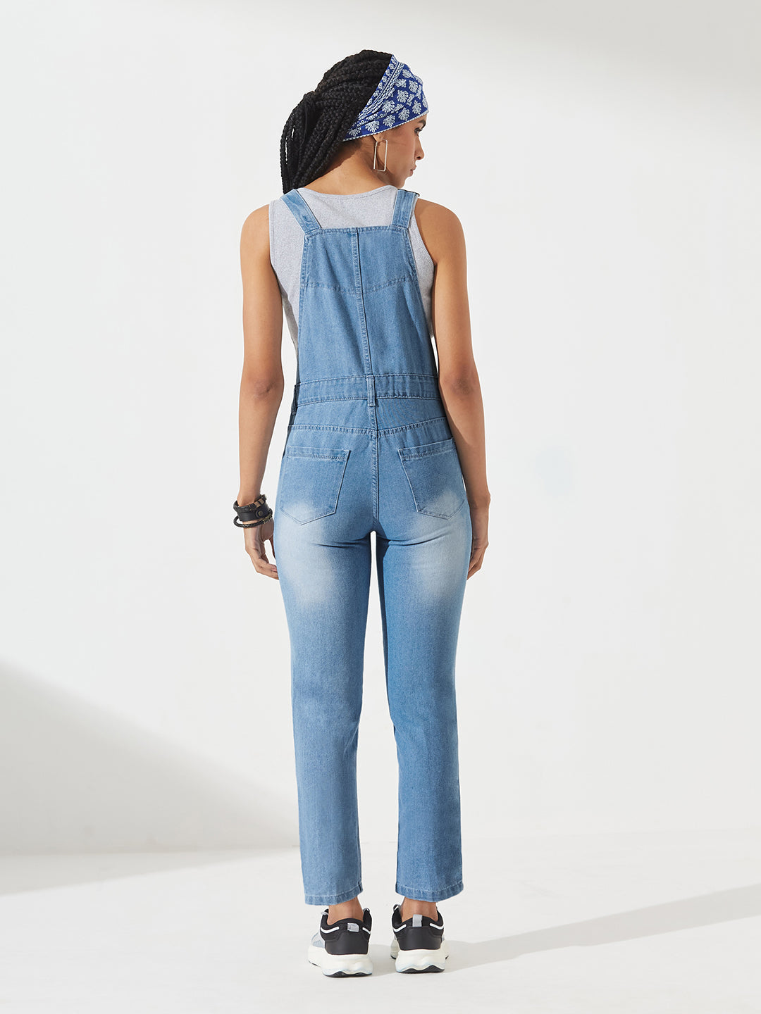 Light Blue Regular Fit Mid-Rise Ripped Denim Dungaree for Women