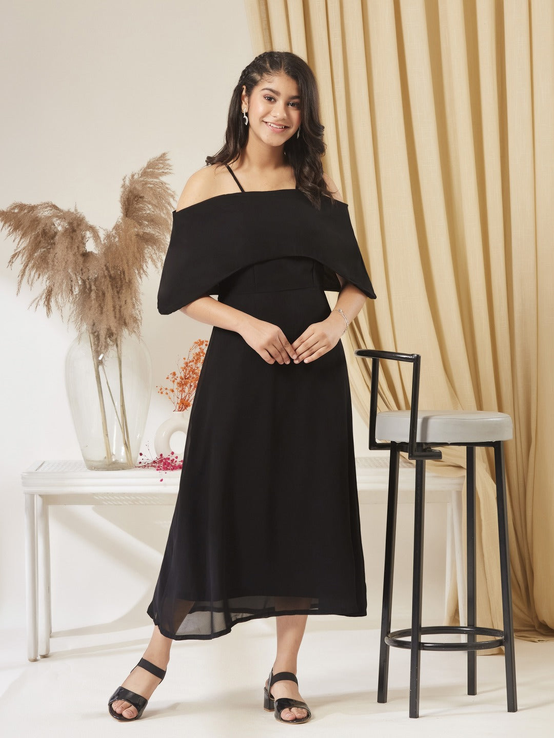 Black Bardot Style Sleeveless Spaghetti Strap Solid Off Shoulder Midi Skater Dress for Girls/Teenagers