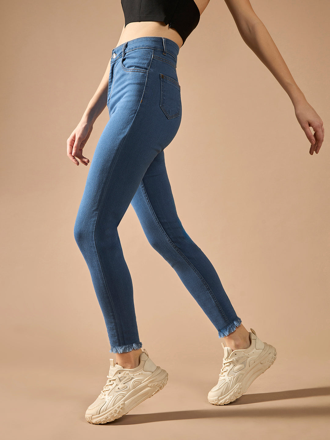 Women's Blue Skinny High Rise Cropped Length Fringe Detailing Stretchable Denim Jeans