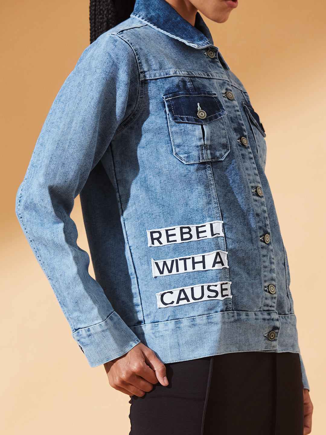 Light-Blue Polo Neck Solid Full Sleeve Bomber Jacket for Women