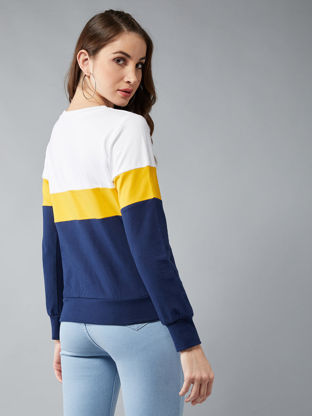 Women's Multicolored With A Navy Blue Base Round Neck Full Sleeves Cotton Solid Colorblock Paneled Boxy Sweatshirt