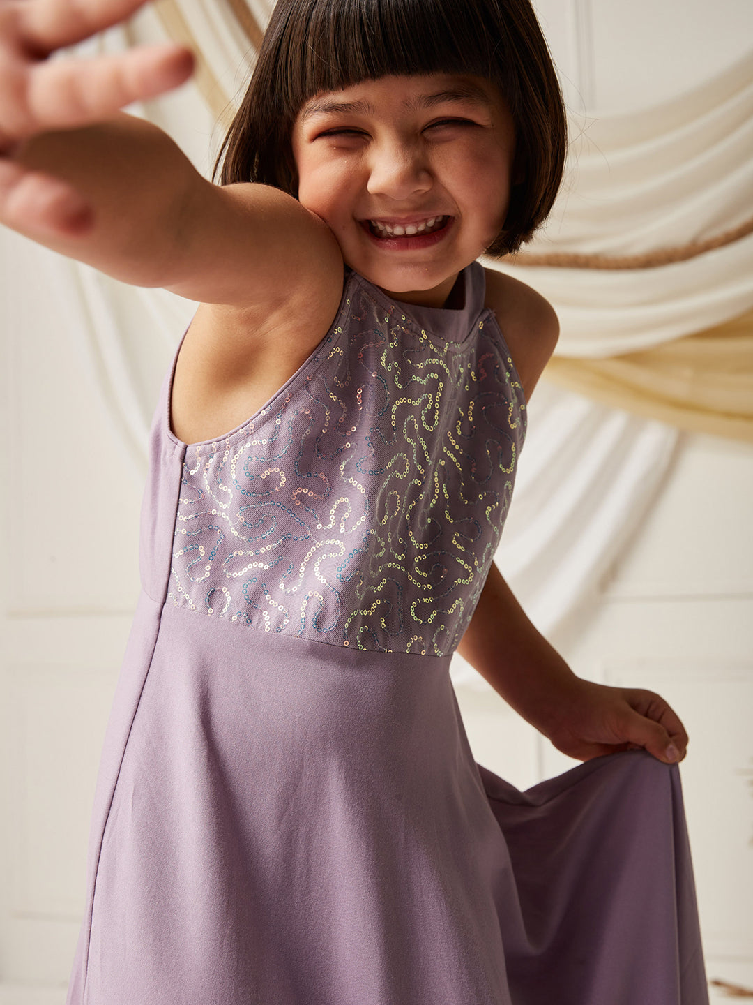Lavender Halter-Neck Sleeveless Embellished Fit & Flare Viscose-Rayon Maxi Dress