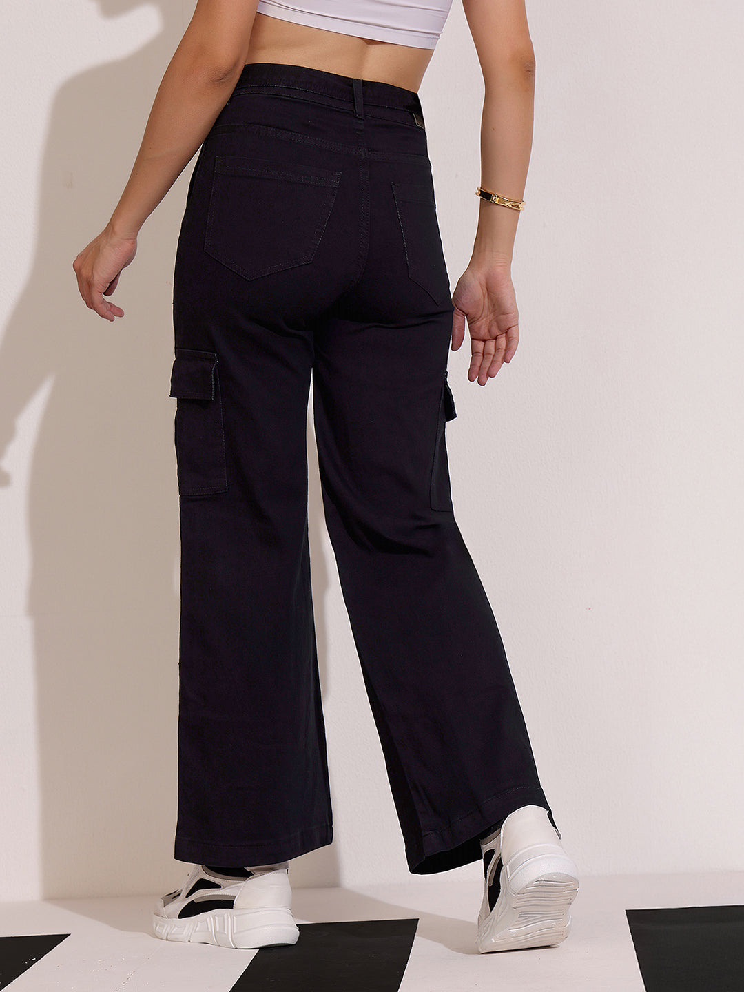 Women's Black Wide leg High rise Clean look Regular Stretchable Denim Jeans