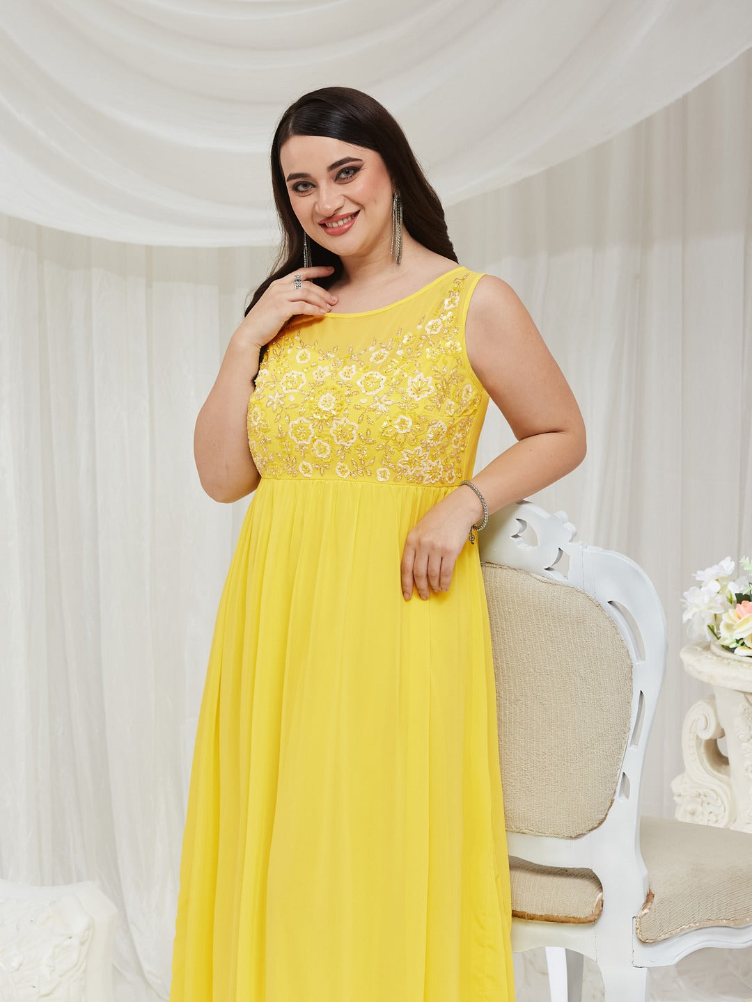 Light Yellow Boat Neck Sleeveless Embroidered Georgette Gathered Maxi Dress for Women — Miss Chase A+