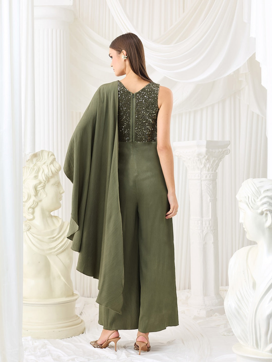 Embellished Satin Jumpsuit in Pale Olive with Draped Pleats for Women
