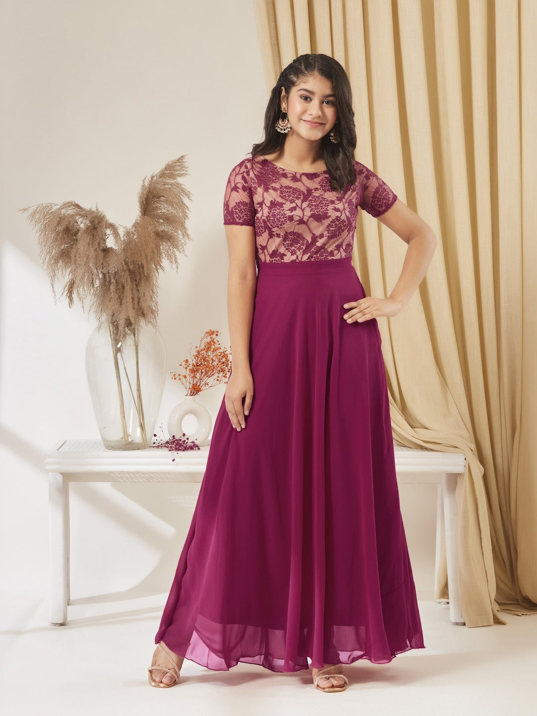 Dark Pink Round Neck Half Sleeve Self-Designed Fit & Flare Georgette Maxi Dress for Girls/Teenagers