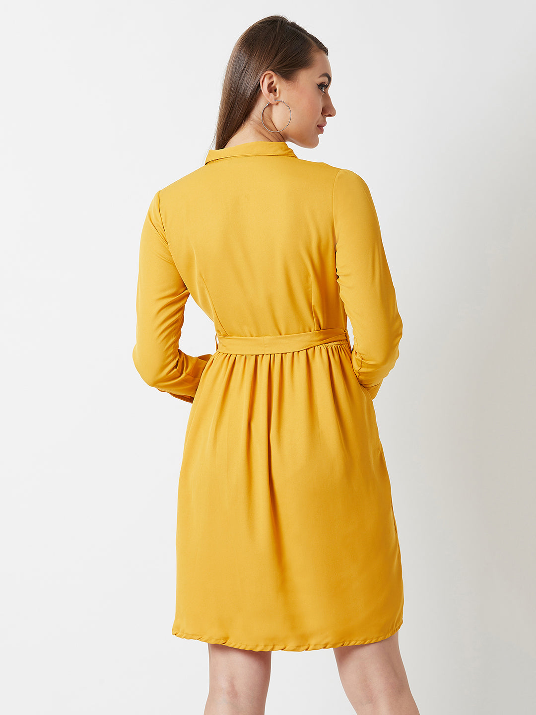 Women's Mustard Collared Round Neck Full Sleeve Solid Belted Buttoned Knee-Long Shirt Dress