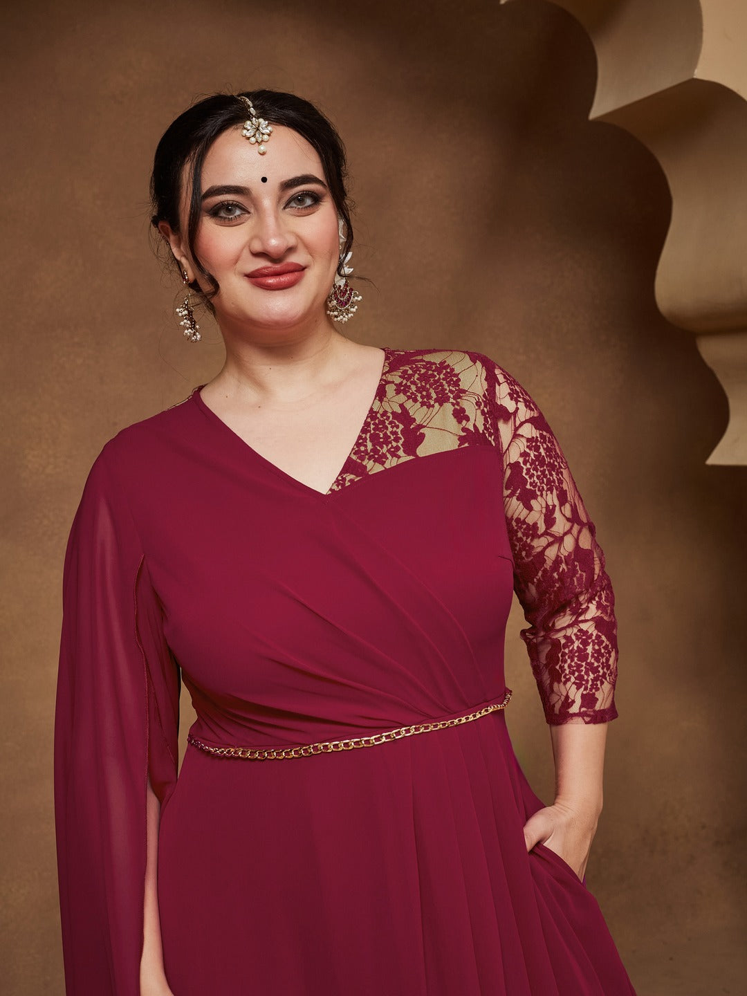 Dark Pink V-Neck Asymmetric Self-Designed Georgette Maxi Dress for Women