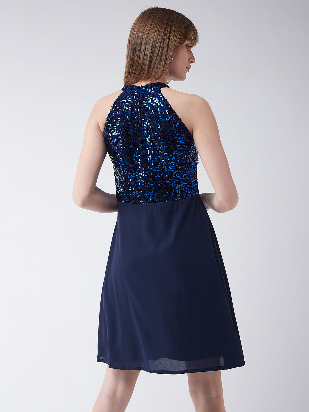 Women's Navy Blue Round Neck Sleeveless Solid Sequin Flowy Knee-Long Skater Dress