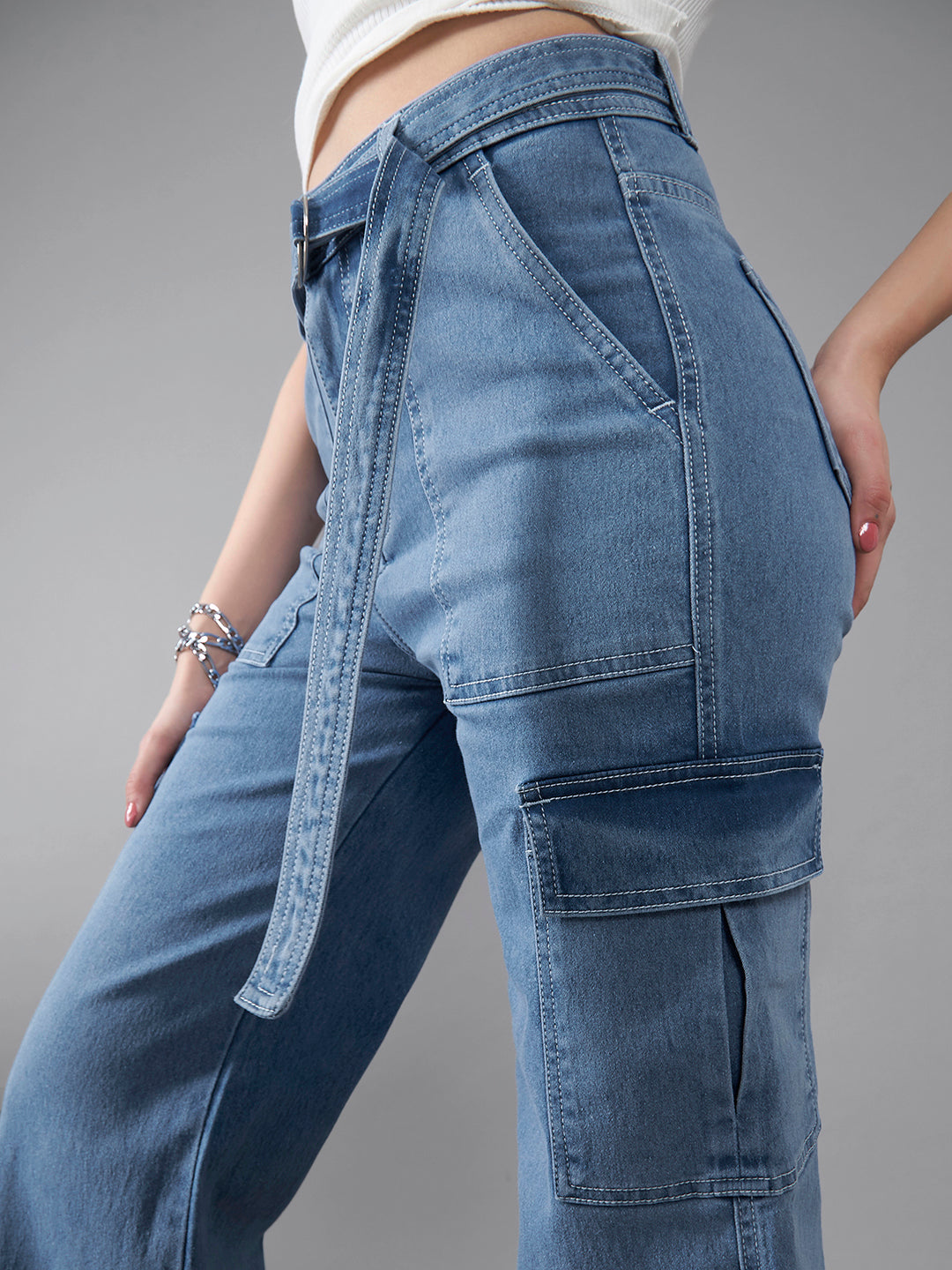 24/7 Comfort Women's Mid Blue Wide Leg High Rise Stretchable Cargo Denim Jeans