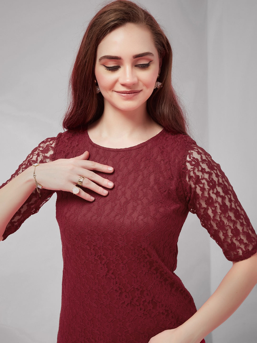Maroon Round Neck Half Sleeves Basic Lace Crop Top for Women