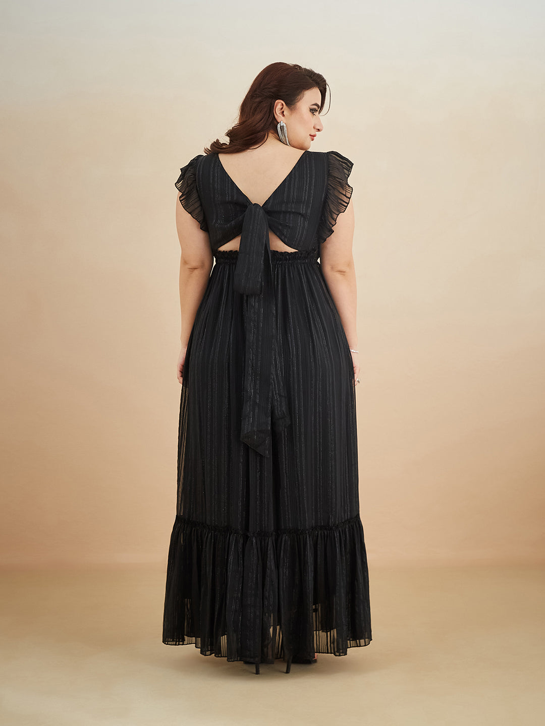 Black Square Neck Layered Ruffles Sleeve Striped Tiered Maxi Georgette Dress for Women