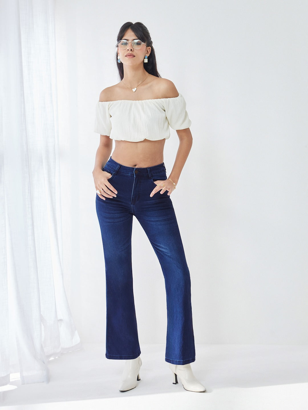 Navy blue Wide leg Mid rise Stretchable Denim Jeans for Women