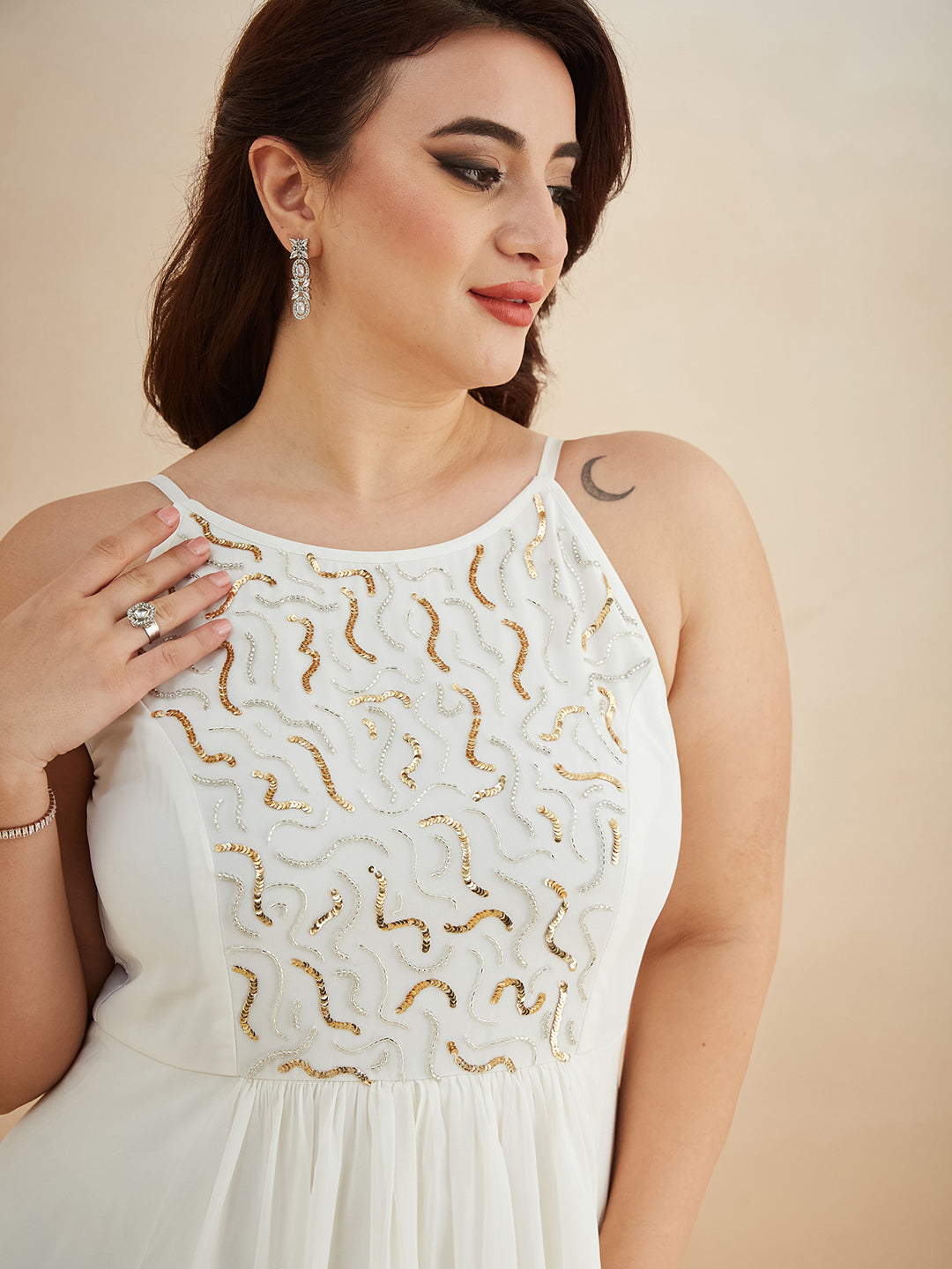 Off White Round Neck Sleeveless Solid Embellished Maxi Dress for Women — Miss Chase A+