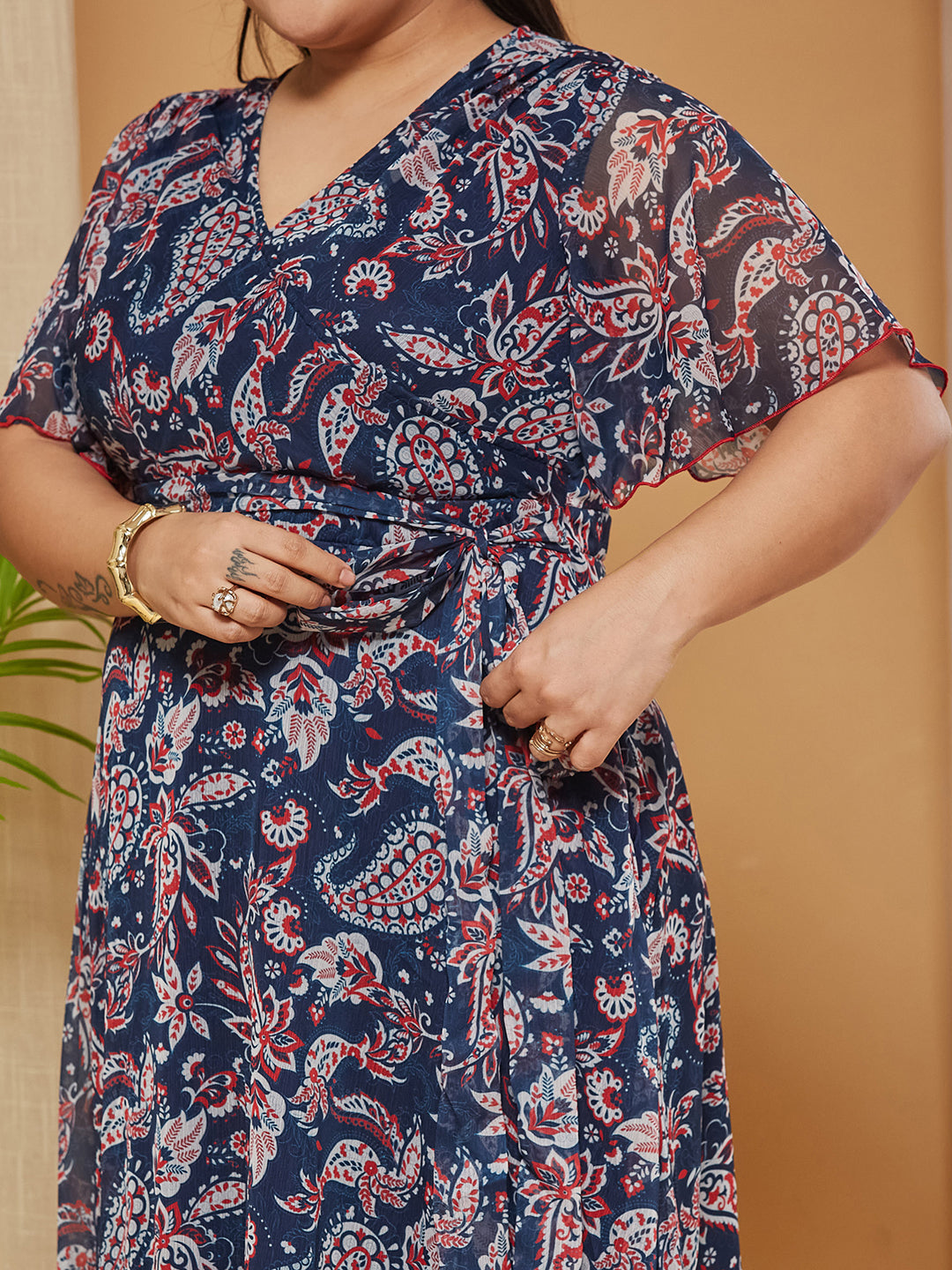 Multicolored Navy Floral Wrap Chiffon Maxi Dress with Flutter-Sleeves & Frilled Hem for Women