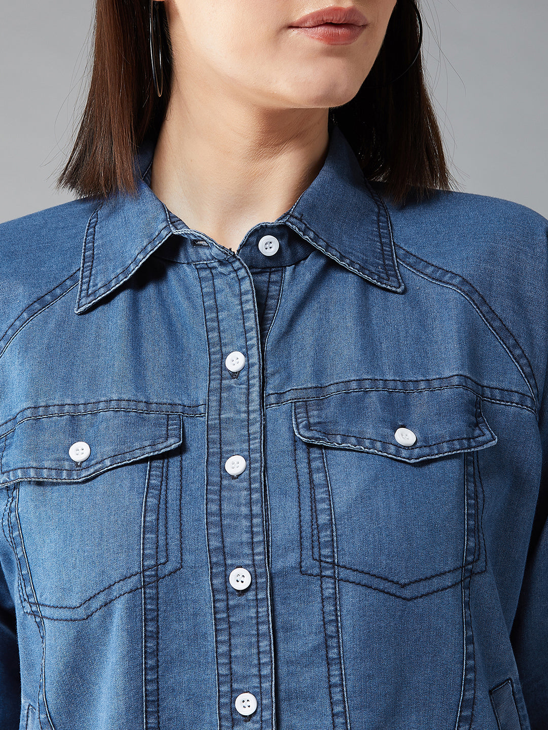 Women's Blue Collared Polo Neck Full Sleeve Solid Buttoned Denim Bomber Jacket