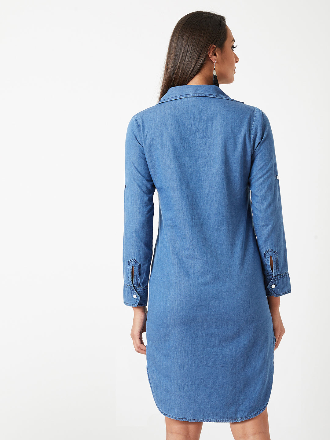 Women's Blue Polo Neck Full Sleeve Solid Knee length Denim Dress