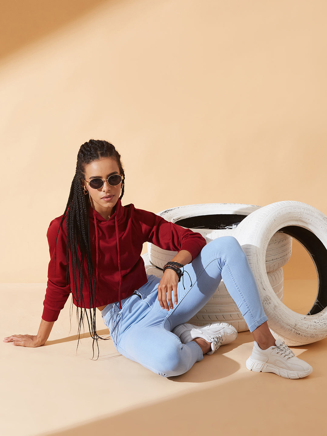 Maroon Solid Round Neck Full Sleeve Hooded Boxy Crop Sweatshirt for Women
