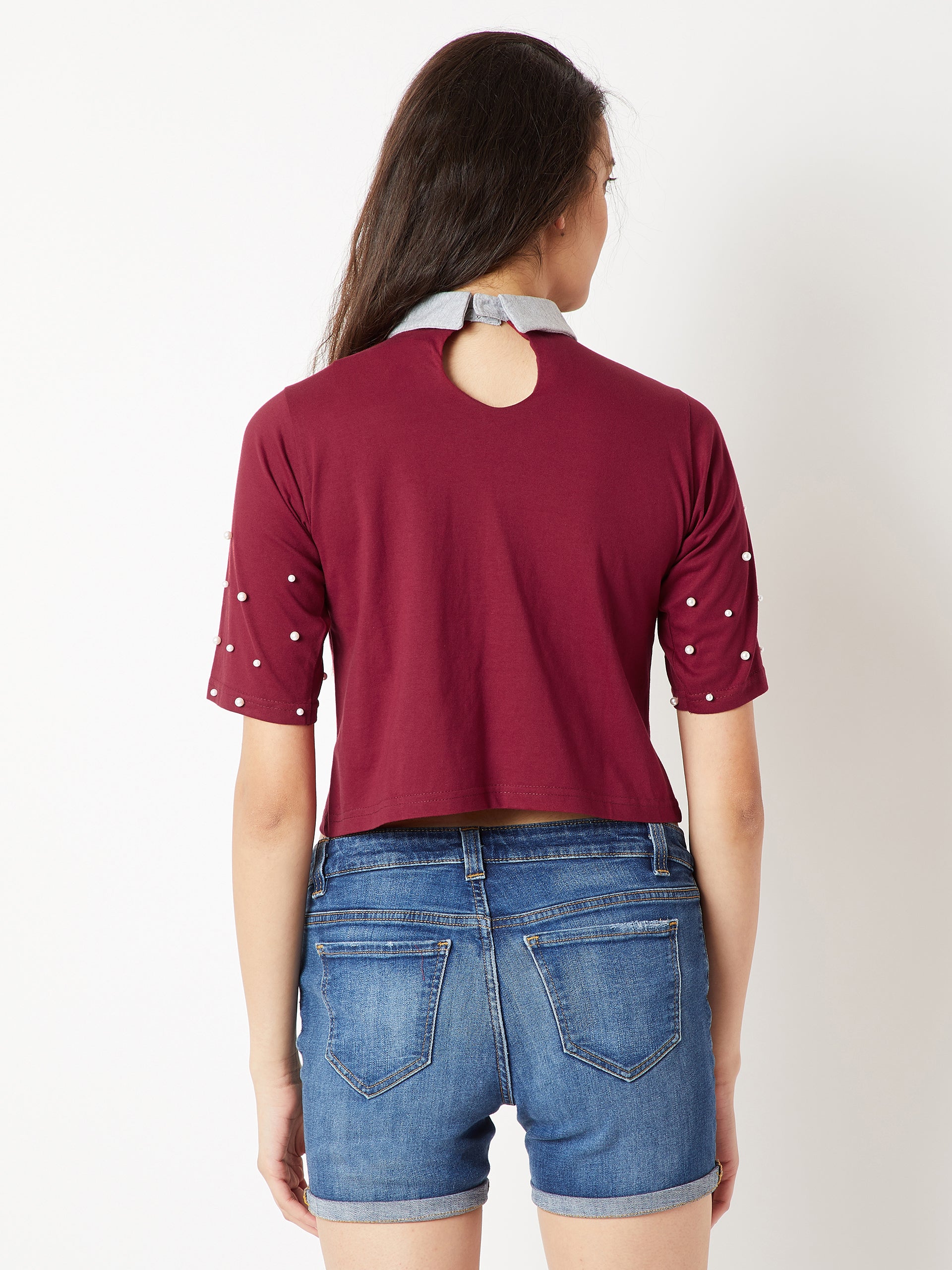 Women's Maroon & Grey Half Sleeves Round Neck Solid Collared Pearl Detailing Crop Top