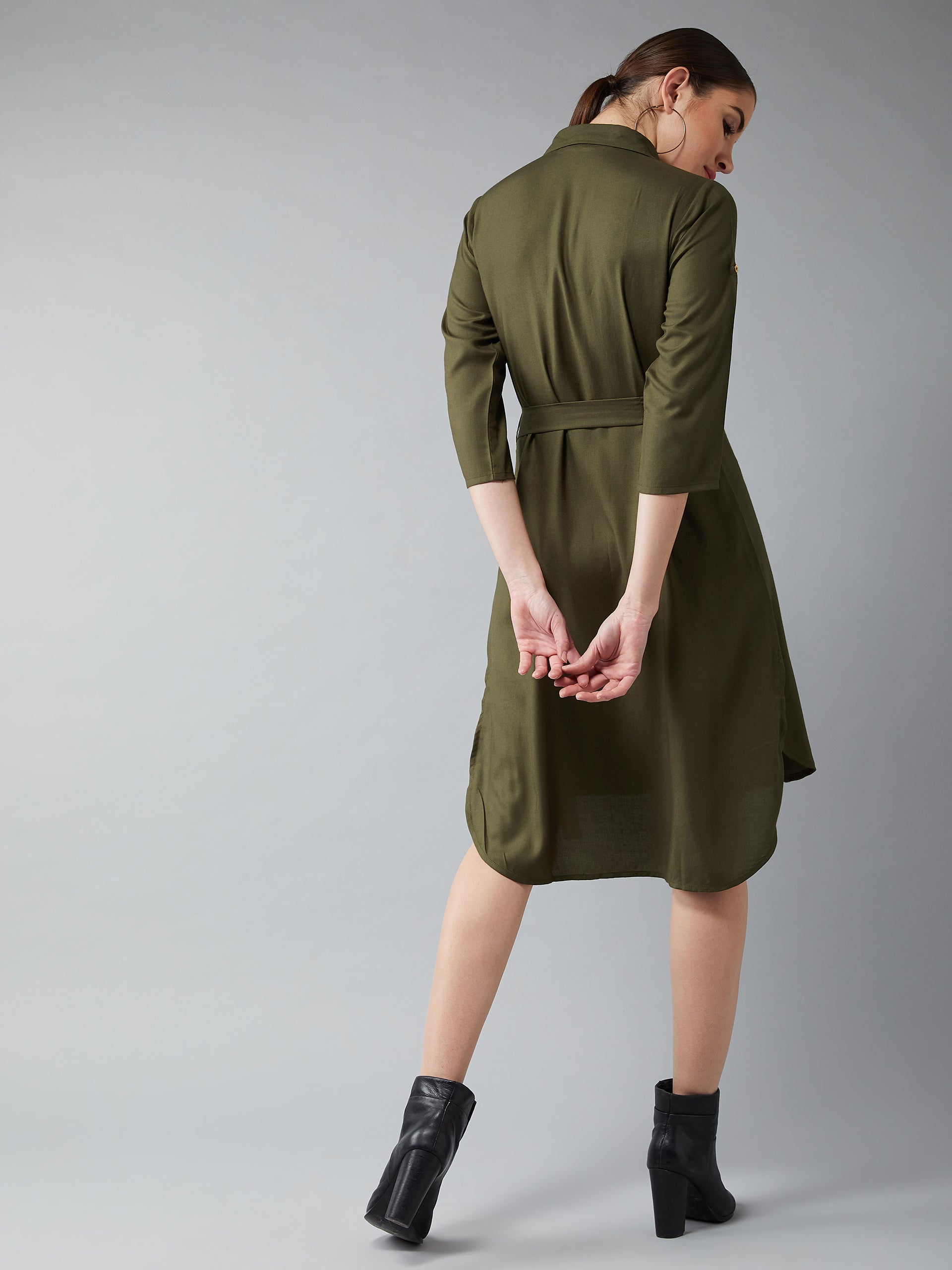 Women's Olive Green Collared Three Quarter Sleeved Solid Knee-Length Shirt Dress