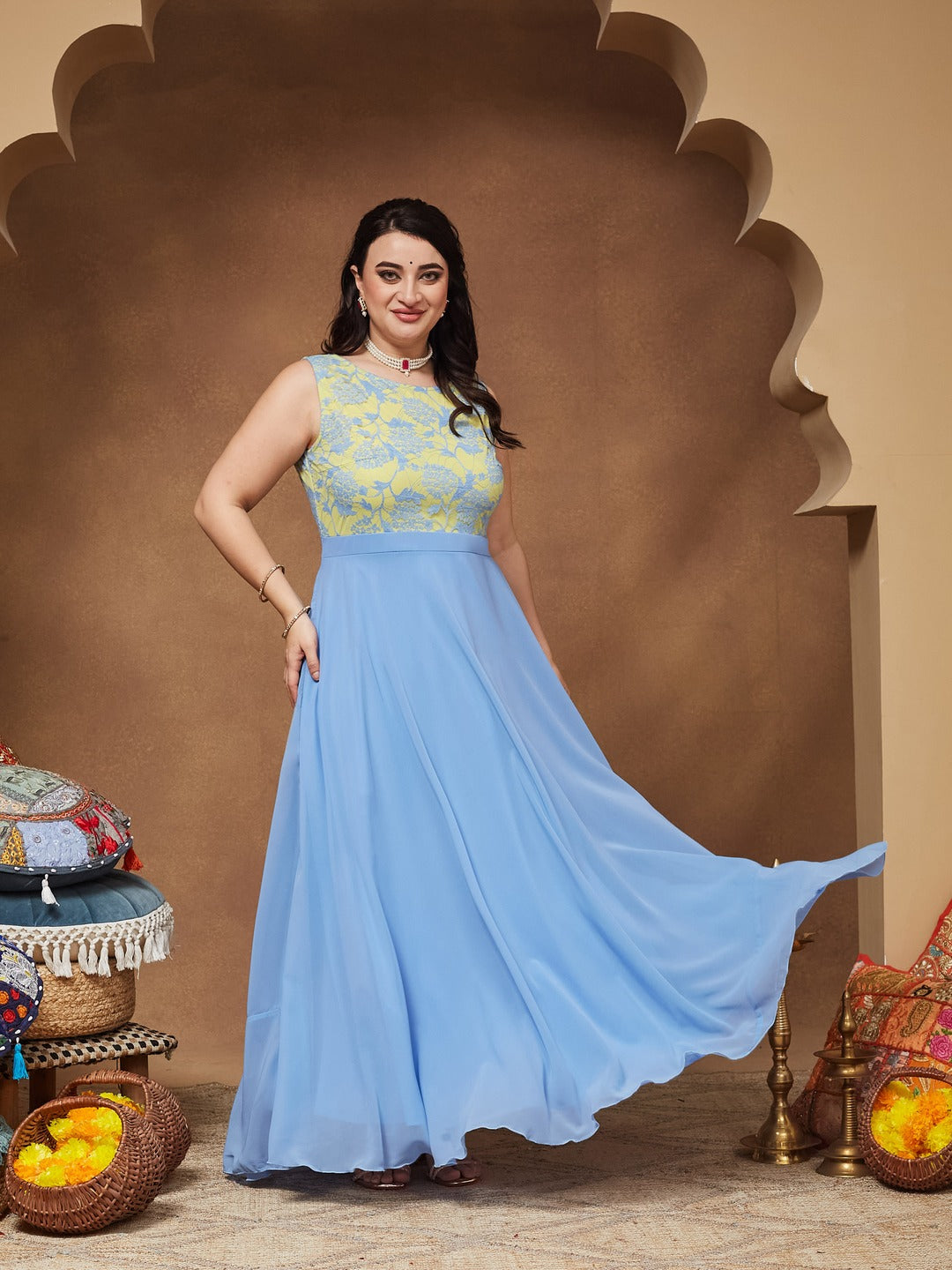 Sky Blue Round Neck Sleeveless Georgette & Lace Floral Fit & Flare Maxi Dress for Women — Miss Chase A+