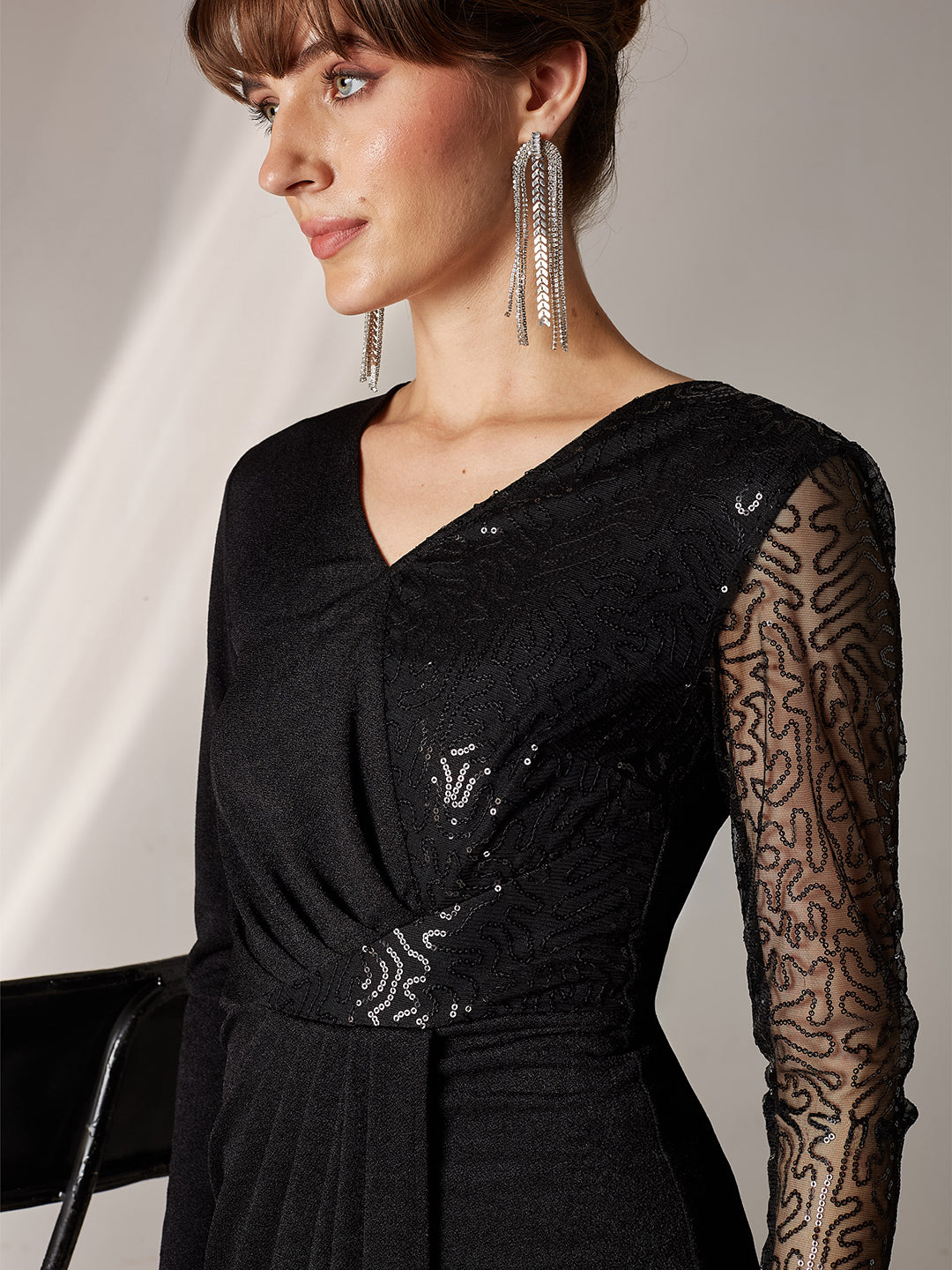 Women's Black V-Neck Full Sleeve Embellished Pleated Longline Dress
